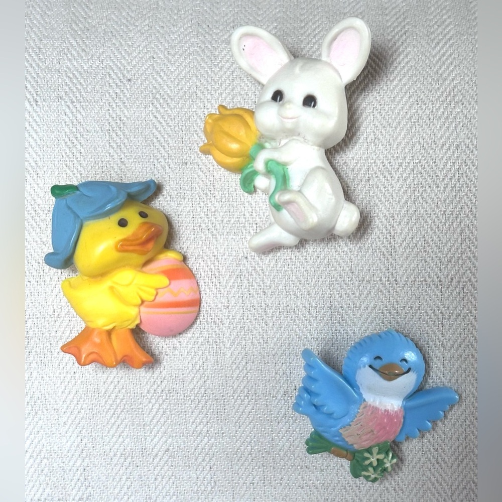 Hallmark 1970s Vintage Spring Lapel Pins/Brooches, Set of 3-Bunny, Duck & Bird